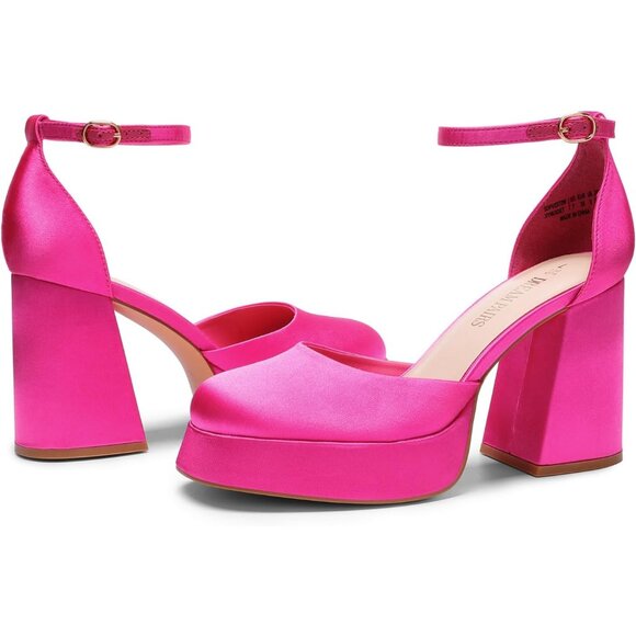 Dream Pairs Hot Pink Polyurethane (PU) Closed Toe Block Pumps Ankle Strap Shoes - Picture 4 of 9